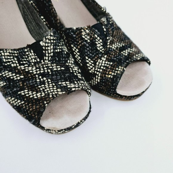 Toms Stella Tweed Peep Toe Wedges 6 Black Brown Cream Slip On Boucle Houndstooth - Picture 9 of 13